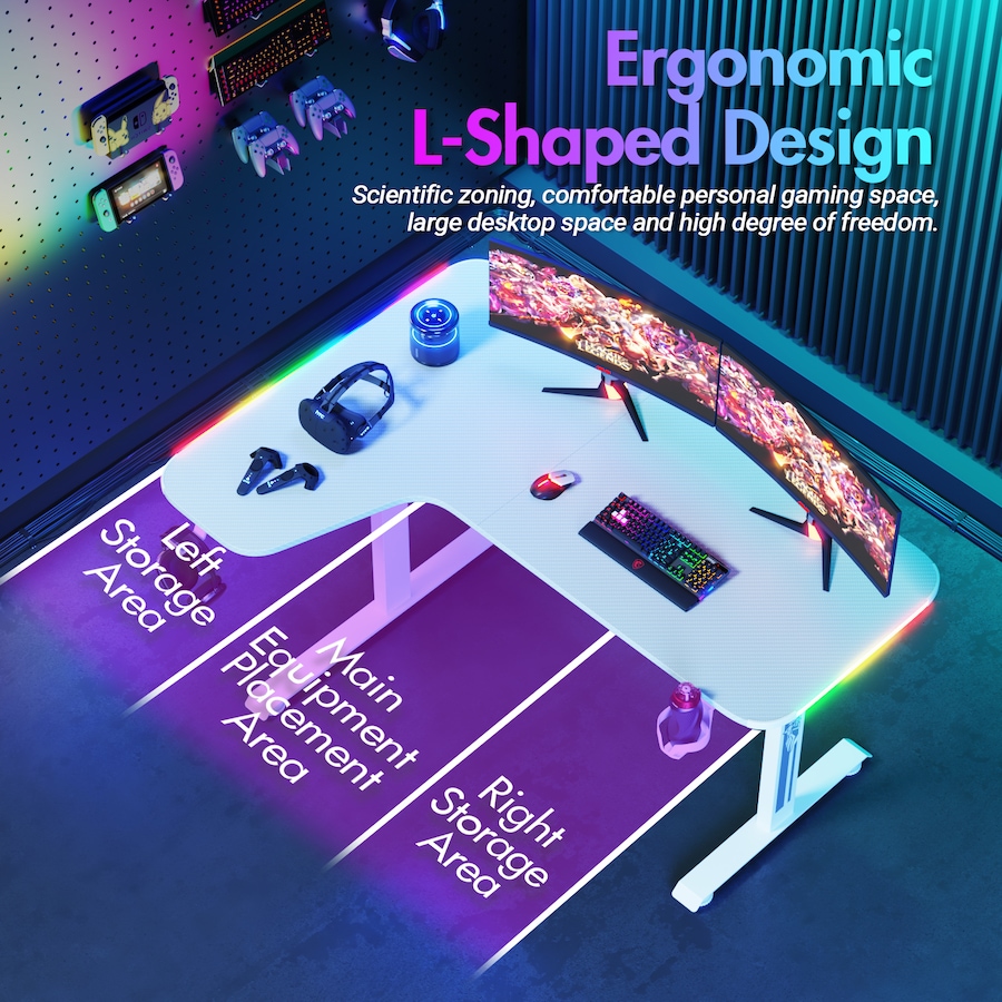Advwin L Shape LED Gaming Desk 140cm Corner Table Computer Desk White