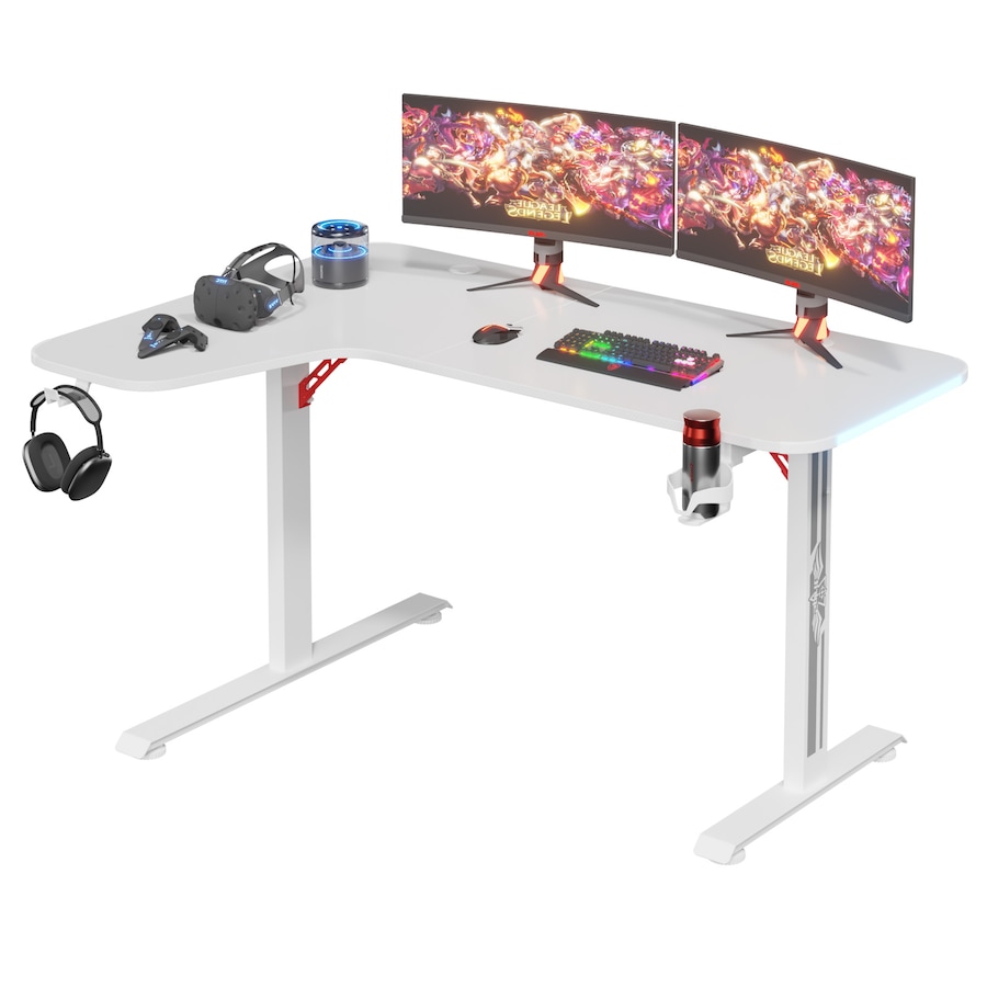 Advwin L Shape LED Gaming Desk 140cm Corner Table Computer Desk White