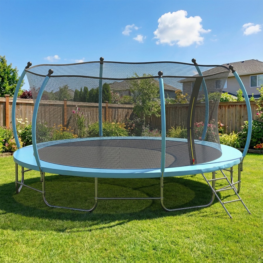 Advwin 14FT Trampoline Outdoor for Kids, Recreational Trampoline for Children Birthday Gifts w/Safety Enclosure Net, Ladder, Max Limit 150 kg Blue
