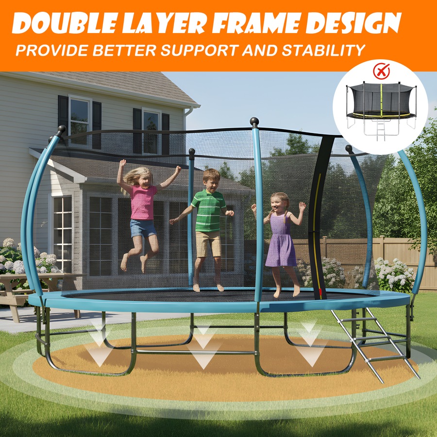 Advwin 14FT Trampoline Outdoor for Kids, Recreational Trampoline for Children Birthday Gifts w/Safety Enclosure Net, Ladder, Max Limit 150 kg Blue