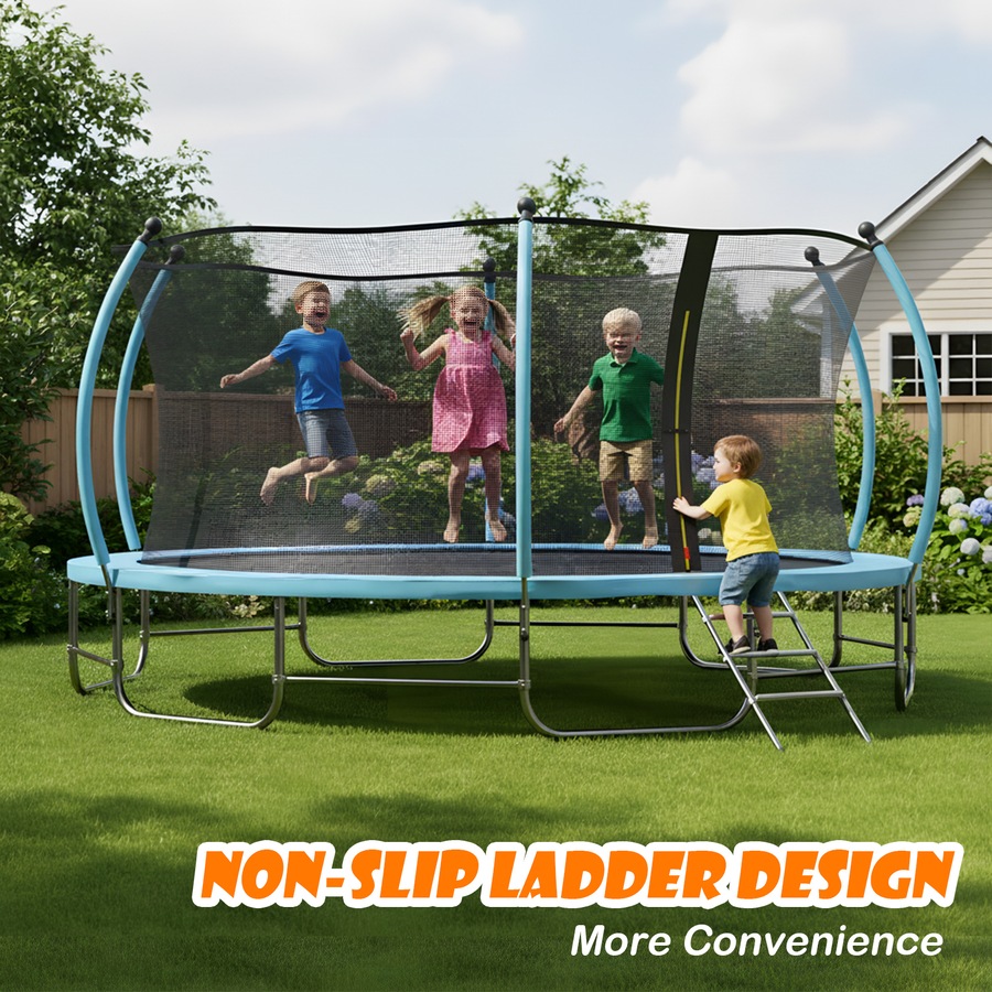 Advwin 14FT Trampoline Outdoor for Kids, Recreational Trampoline for Children Birthday Gifts w/Safety Enclosure Net, Ladder, Max Limit 150 kg Blue