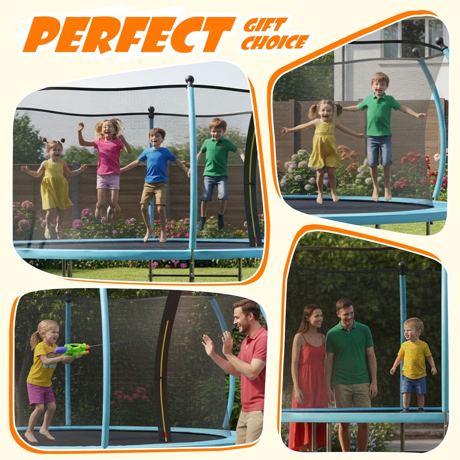 Advwin 14FT Trampoline Outdoor for Kids, Recreational Trampoline for Children Birthday Gifts w/Safety Enclosure Net, Ladder, Max Limit 150 kg Blue
