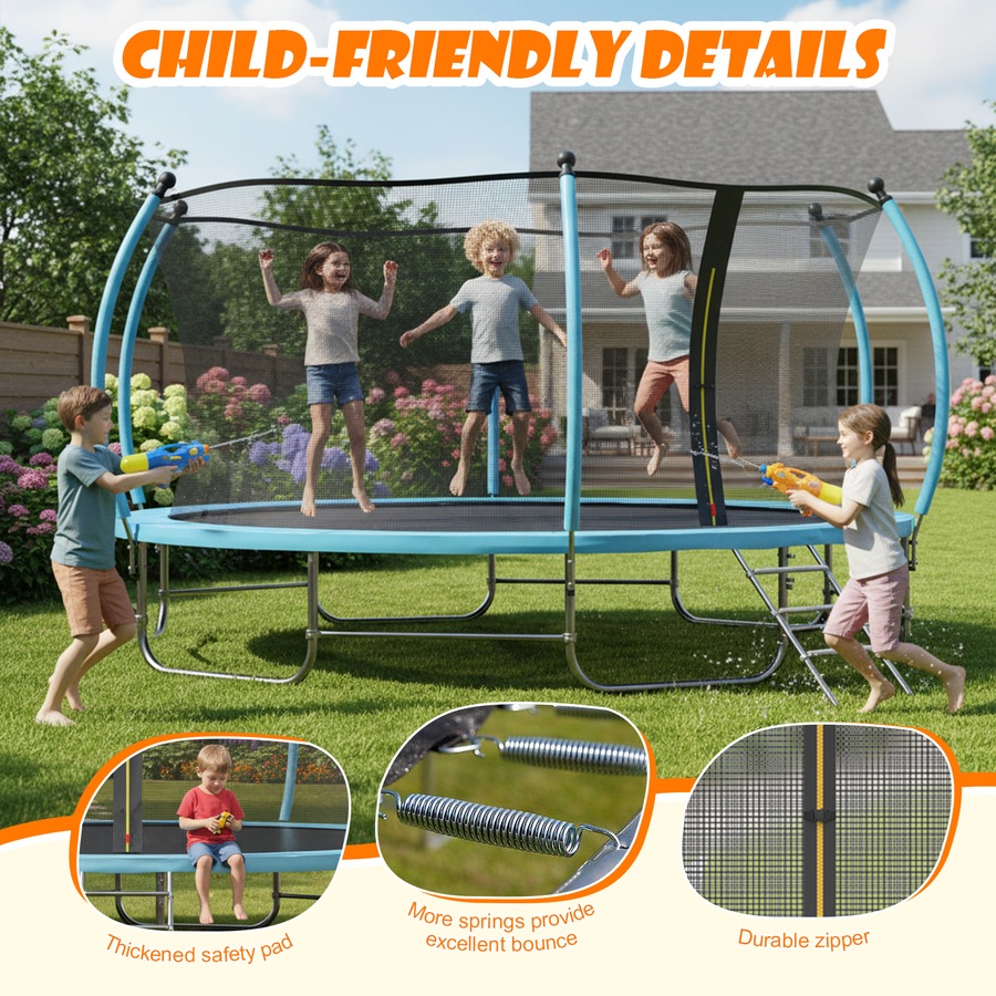 Advwin 14FT Trampoline Outdoor for Kids, Recreational Trampoline for Children Birthday Gifts w/Safety Enclosure Net, Ladder, Max Limit 150 kg Blue