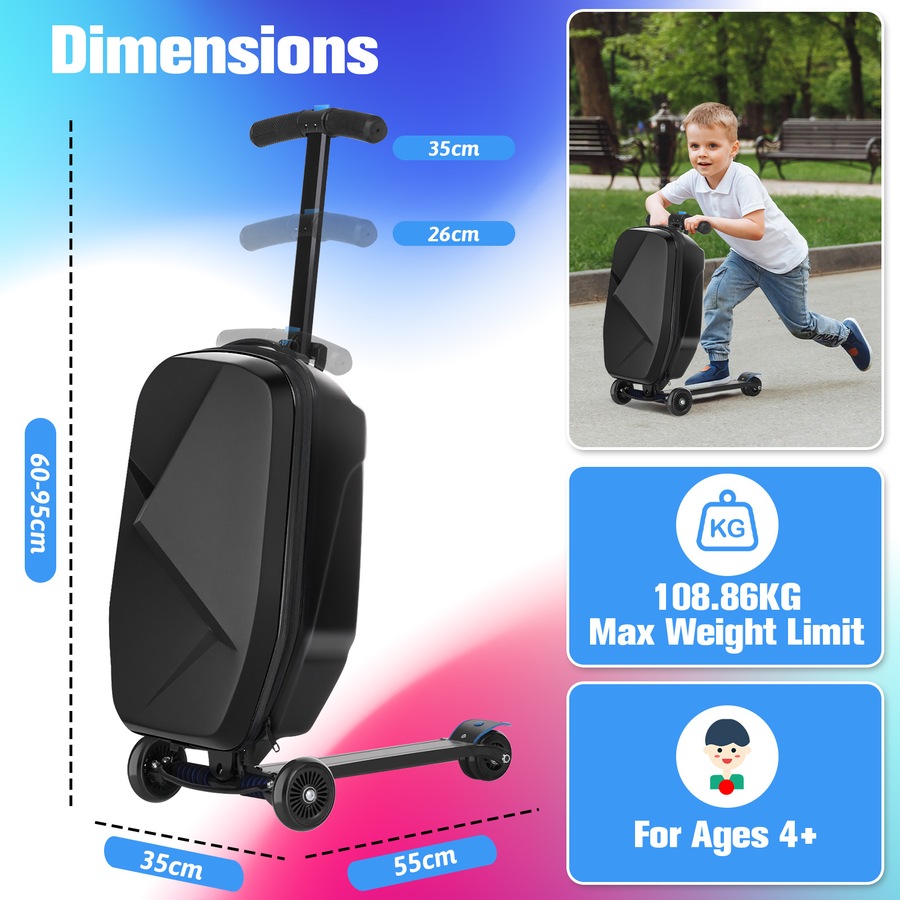 Advwin 2-in-1 Foldable Scooter Suitcase fou Kids & Adults 37L Carry-on Luggage & Travel Scooter Kids Ride On Luggage with Wheels Black