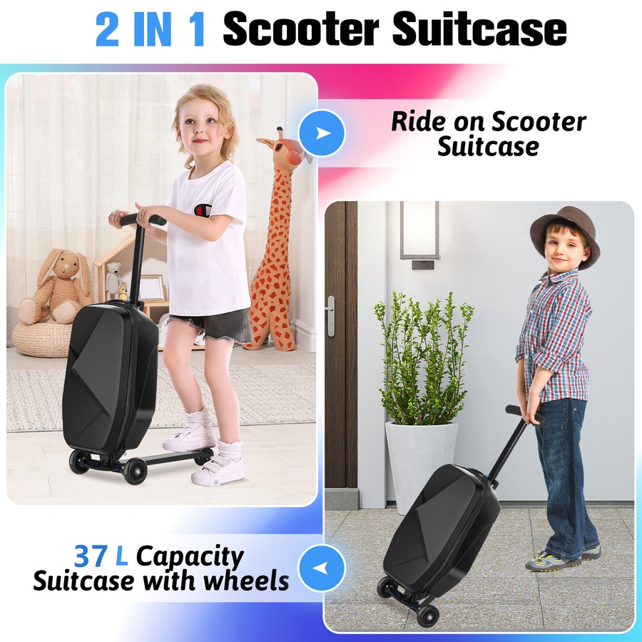 Advwin 2-in-1 Foldable Scooter Suitcase fou Kids & Adults 37L Carry-on Luggage & Travel Scooter Kids Ride On Luggage with Wheels Black