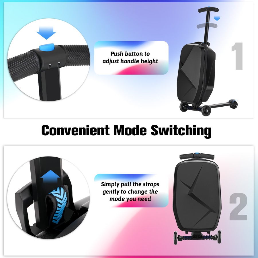Advwin 2-in-1 Foldable Scooter Suitcase fou Kids & Adults 37L Carry-on Luggage & Travel Scooter Kids Ride On Luggage with Wheels Black