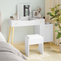 Advwin Dressing Table Stool Set Flip Top Makeup Mirror Adjustable Side Cabinet White