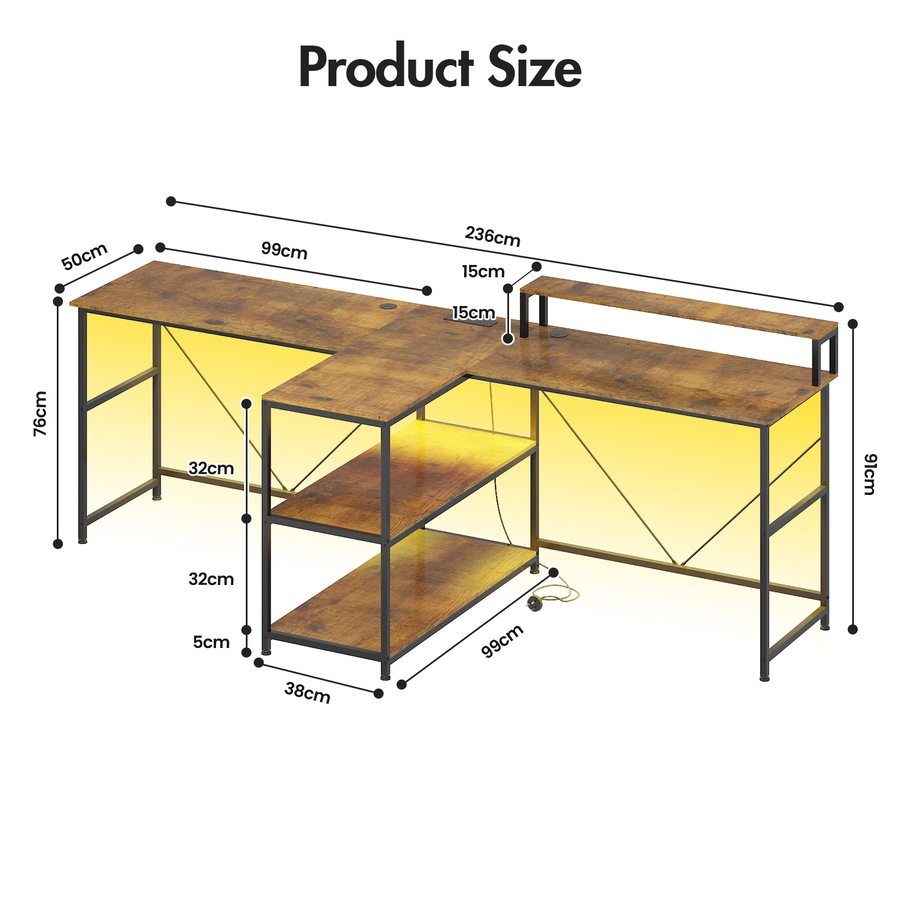 Advwin 2 Person Gaming Desk Long Office Computer Desk with LED Light & Power Outlet Two Person Desk with Storage Power Strip & Monitor Shelf for Home Office, Walnut