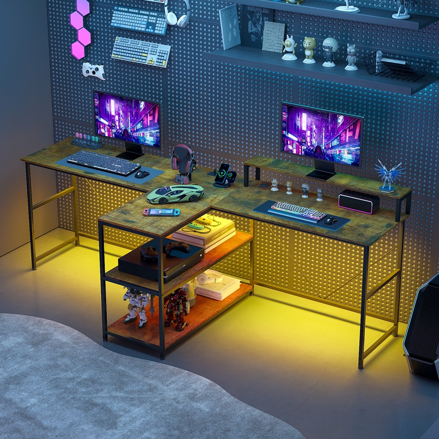 Advwin 2 Person Gaming Desk Long Office Computer Desk with LED Light & Power Outlet Two Person Desk with Storage Power Strip & Monitor Shelf for Home Office, Walnut