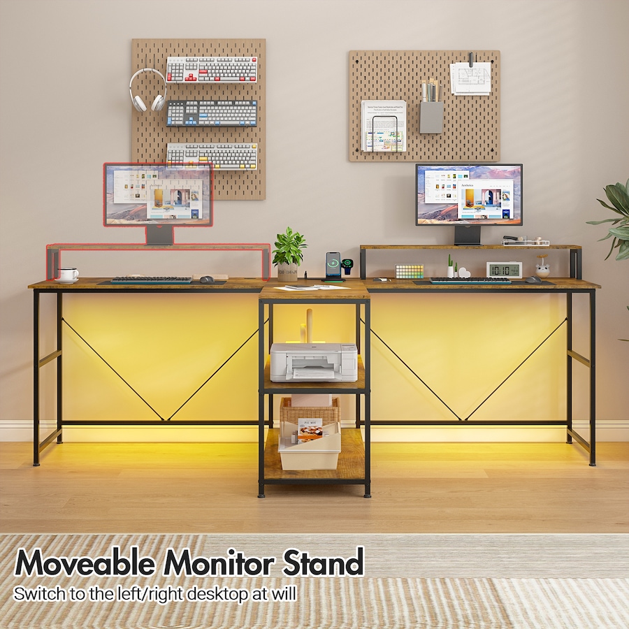 Advwin 2 Person Gaming Desk Long Office Computer Desk with LED Light & Power Outlet Two Person Desk with Storage Power Strip & Monitor Shelf for Home Office, Walnut