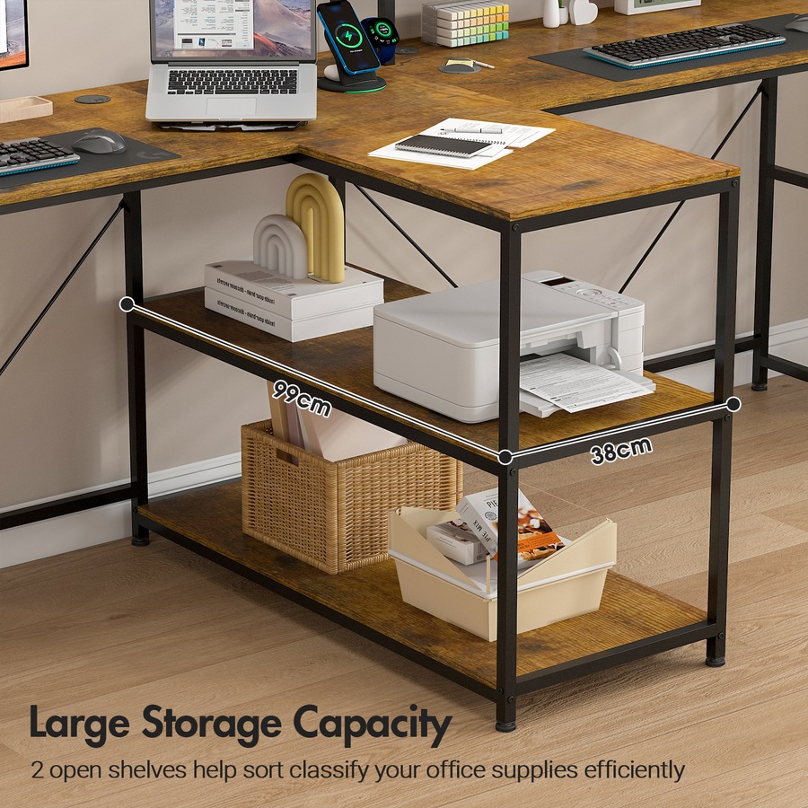 Advwin 2 Person Gaming Desk Long Office Computer Desk with LED Light & Power Outlet Two Person Desk with Storage Power Strip & Monitor Shelf for Home Office, Walnut