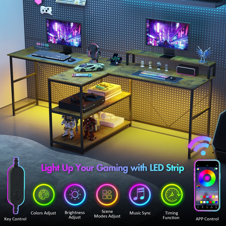 Advwin 2 Person Gaming Desk Long Office Computer Desk with LED Light & Power Outlet Two Person Desk with Storage Power Strip & Monitor Shelf for Home Office, Walnut