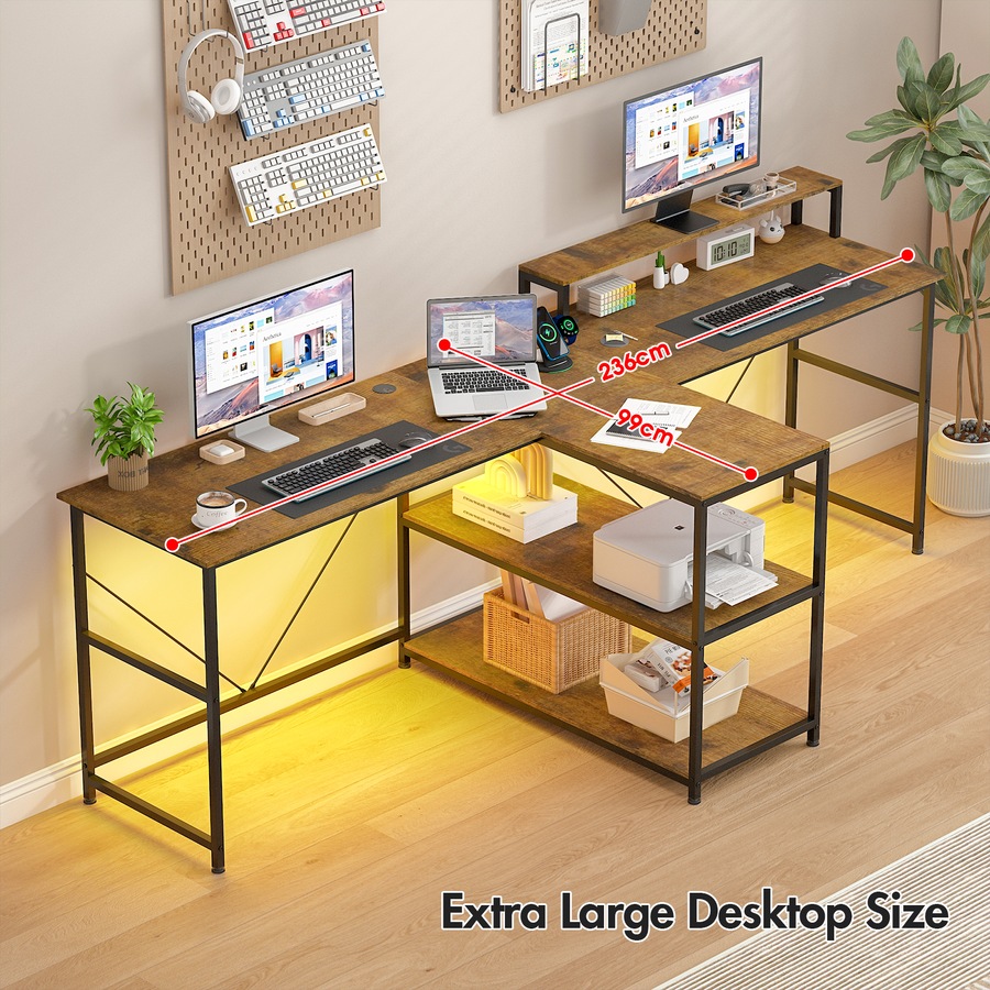 Advwin 2 Person Gaming Desk Long Office Computer Desk with LED Light & Power Outlet Two Person Desk with Storage Power Strip & Monitor Shelf for Home Office, Walnut