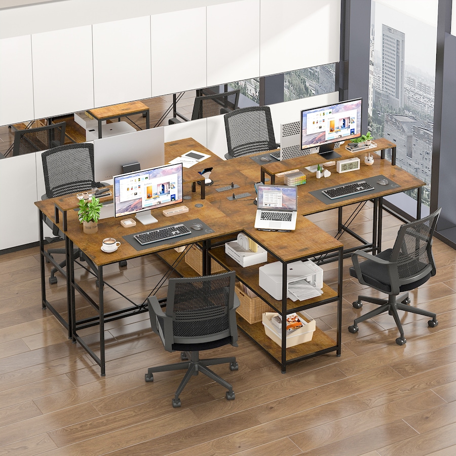 Advwin 2 Person Gaming Desk Long Office Computer Desk with LED Light & Power Outlet Two Person Desk with Storage Power Strip & Monitor Shelf for Home Office, Walnut