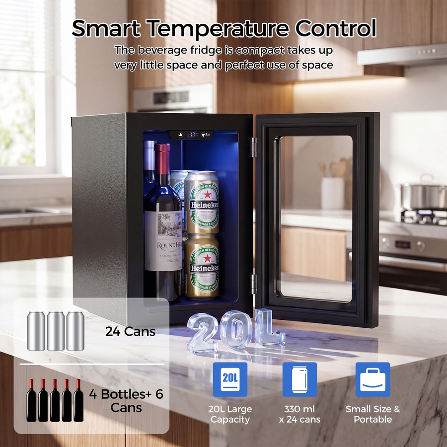Advwin 20L Mini Bar Fridge, Portable Compact Refrigerator Cooler with Adjustable Temperature, Wine Cooler for Beer, Wine, Soda, Countertop Small Fridge for Office, Bedroom, Black