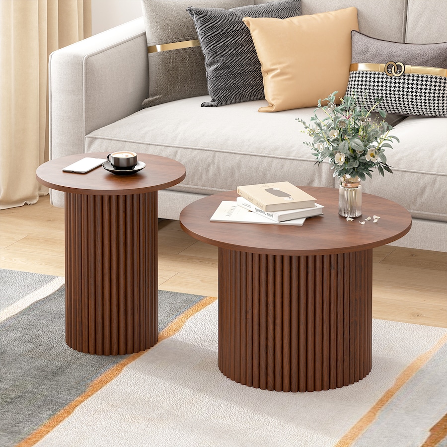 Advwin Nesting Coffee Tables Set of 2 w/ Fluted Panel Round Side End Table Walnut