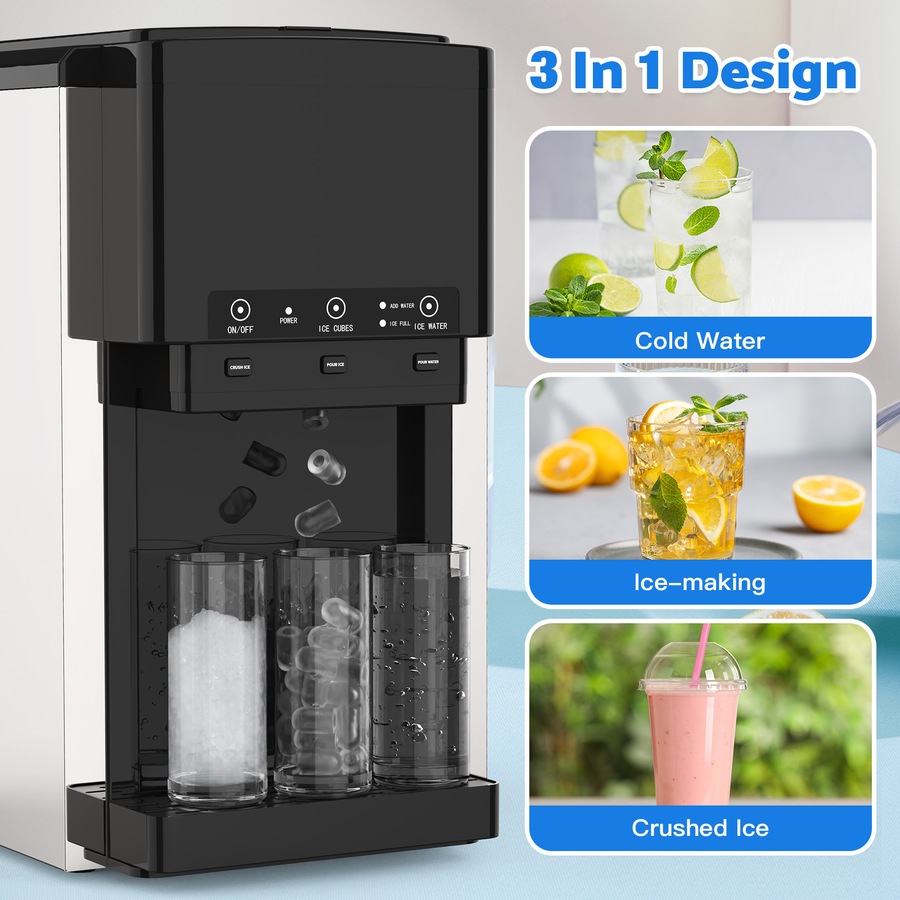 Advwin 3 in 1 Ice Maker Machine Countertop Crushed Ice Cube Maker and Ice Crusher with Cold Water Dispenser Stainless Steel for Home Kitchen