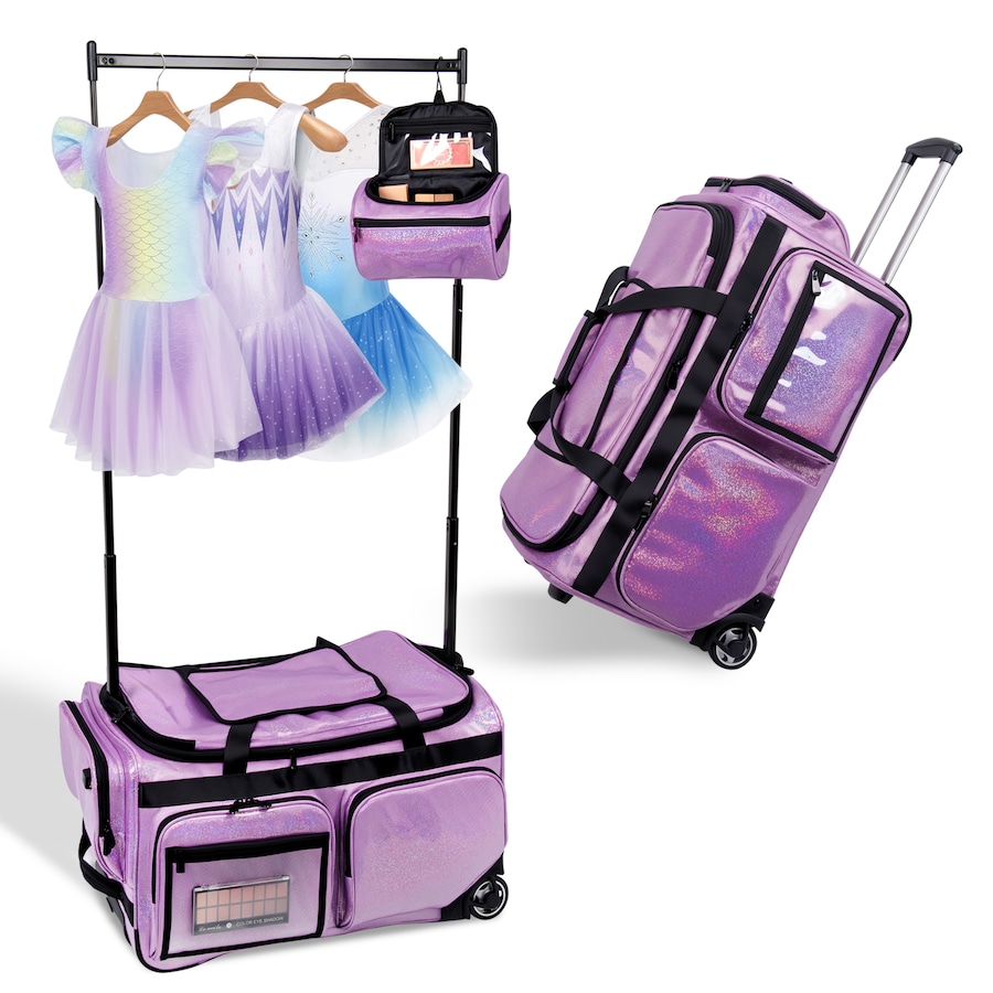 Advwin 3in1 Rolling Dance Bag with Instant Changing Room, 26-Inch Portable Garment Rack & USB Light - Glitter Performance Duffel for Dancers