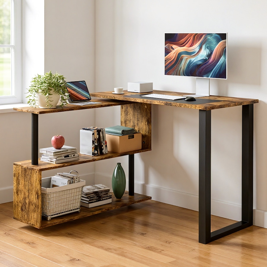 Advwin Computer Desk 360 Degree Rotating L-Shaped Desk with Bookshelf Corner Desk, Walnut