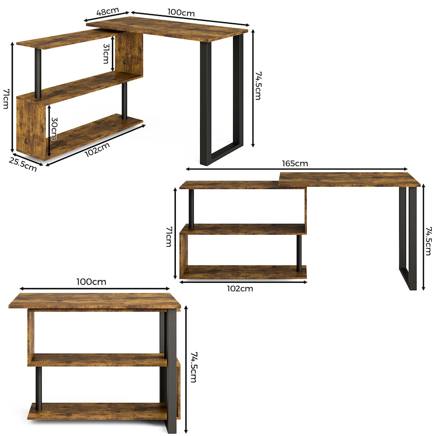 Advwin Computer Desk 360 Degree Rotating L-Shaped Desk with Bookshelf Corner Desk, Walnut