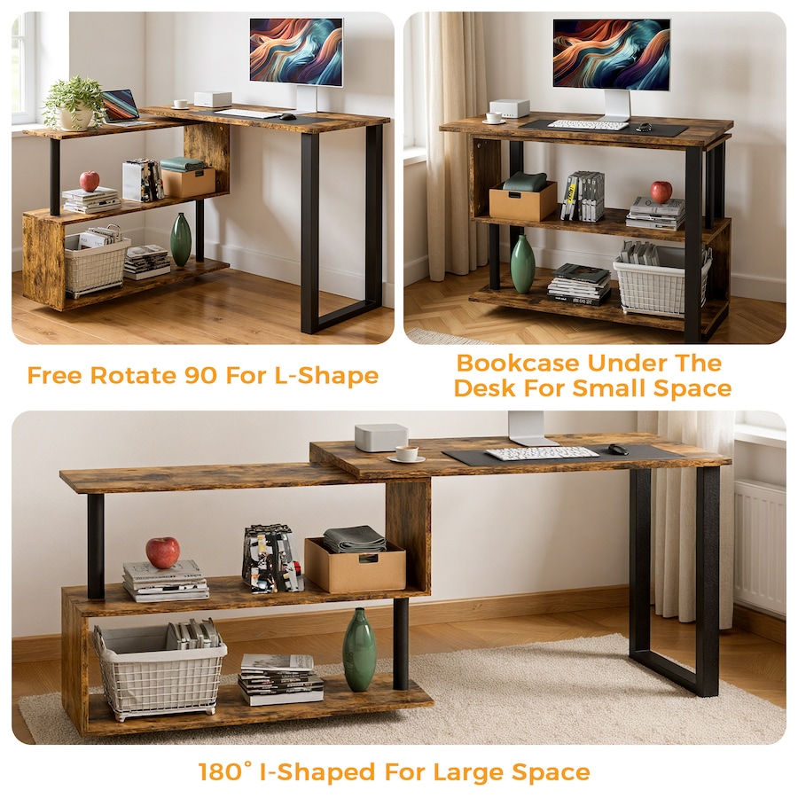 Advwin Computer Desk 360 Degree Rotating L-Shaped Desk with Bookshelf Corner Desk, Walnut