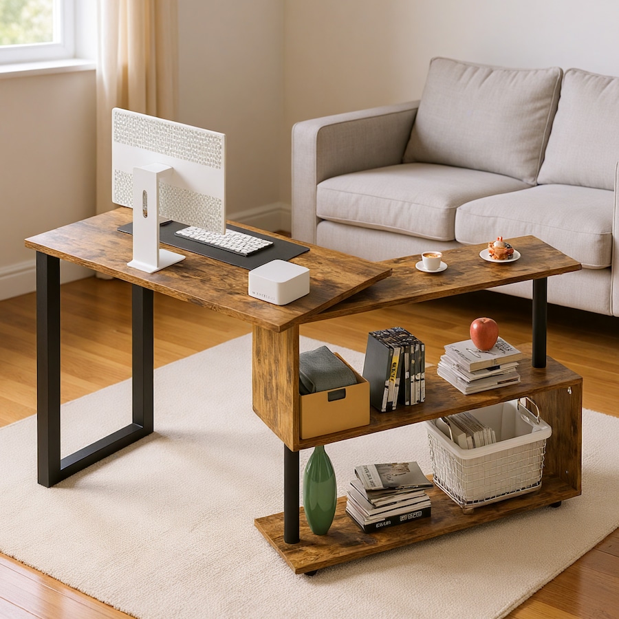 Advwin Computer Desk 360 Degree Rotating L-Shaped Desk with Bookshelf Corner Desk, Walnut