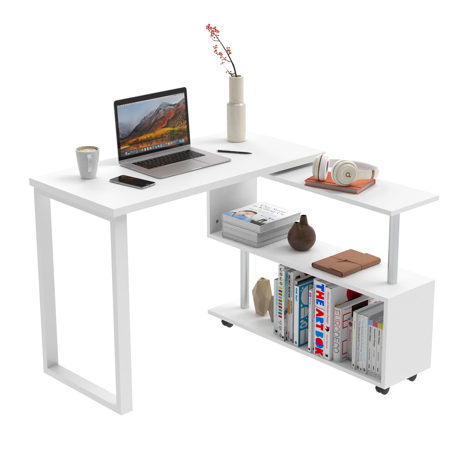 Advwin Computer Office Desk with Rotating Open Storage Shelf Corner Study Table Workststion White