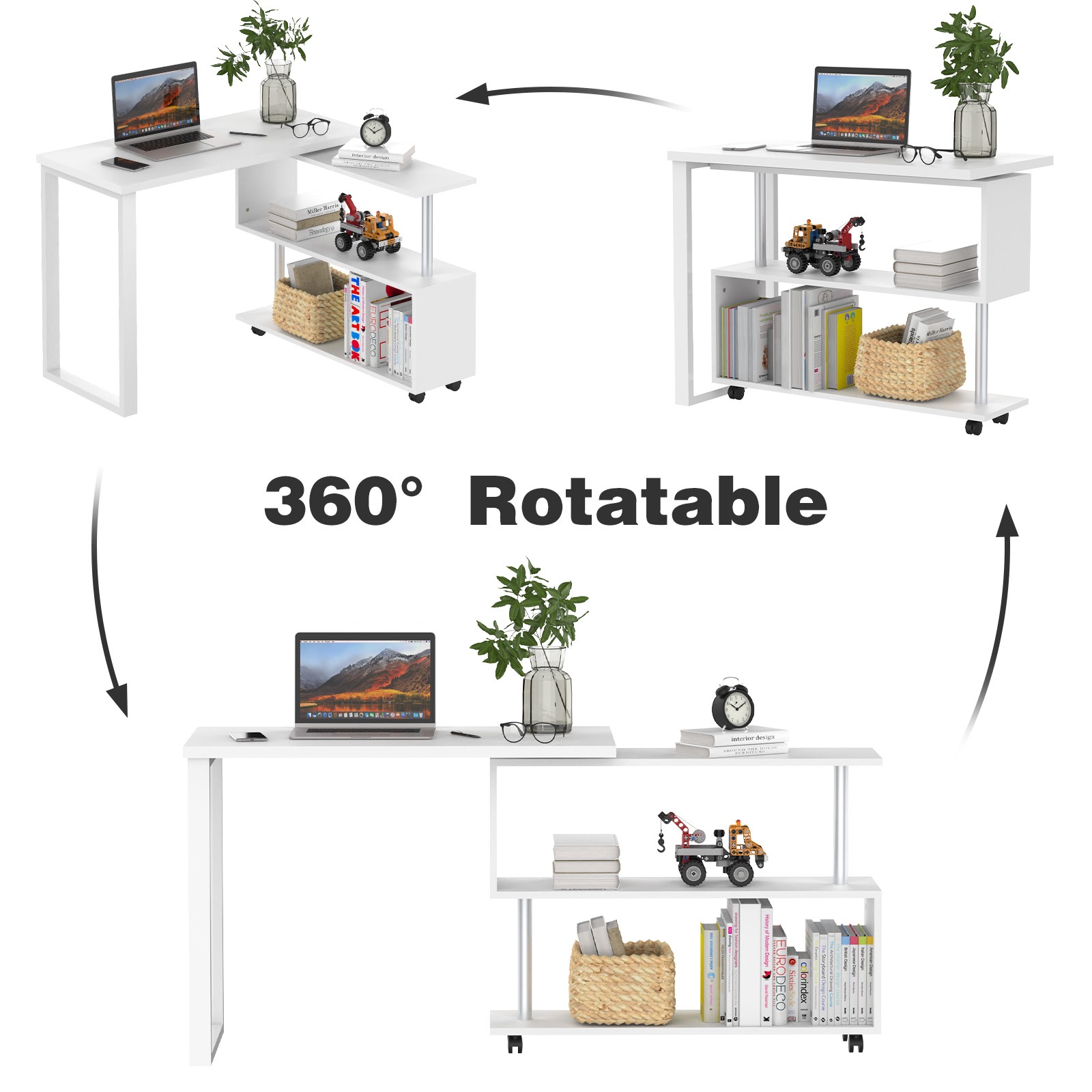 Advwin 100cm Corner Computer Office Desk with Rotating Open Storage Shelf Study Table Workststion White