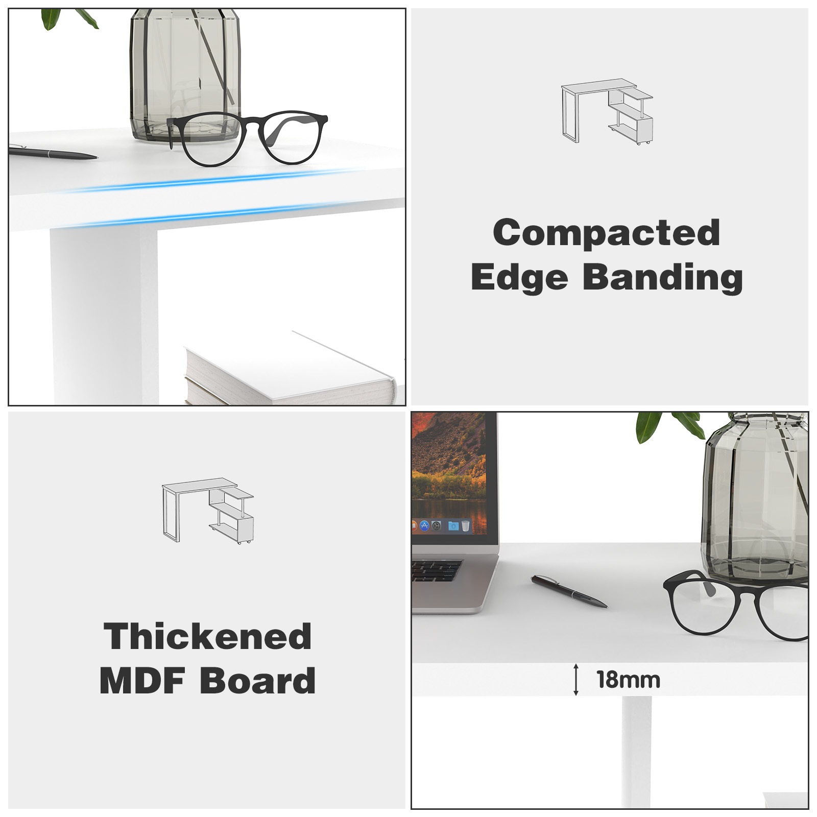 Advwin 100cm Corner Computer Office Desk with Rotating Open Storage Shelf Study Table Workststion White