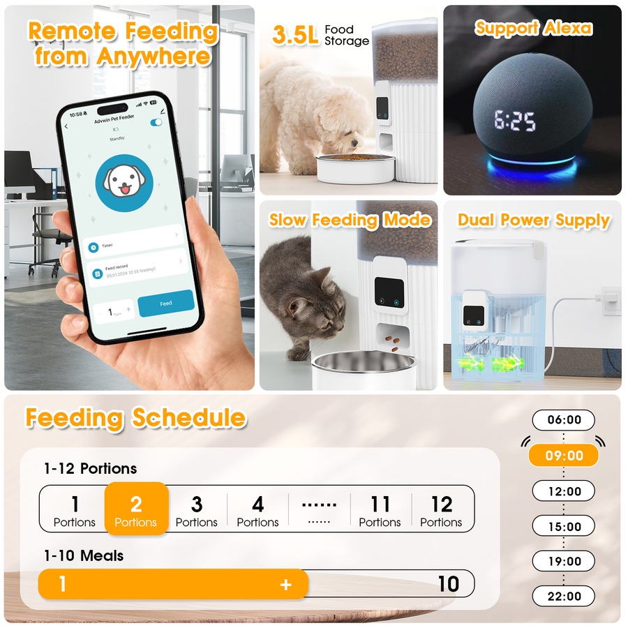 Advwin 3.5L WiFi Automatic Cat Feeder with App Remote Control, Programmable Pet Feeder, Automatic Dog Food Dispenser for Cats, Rabbits & Small Dogs