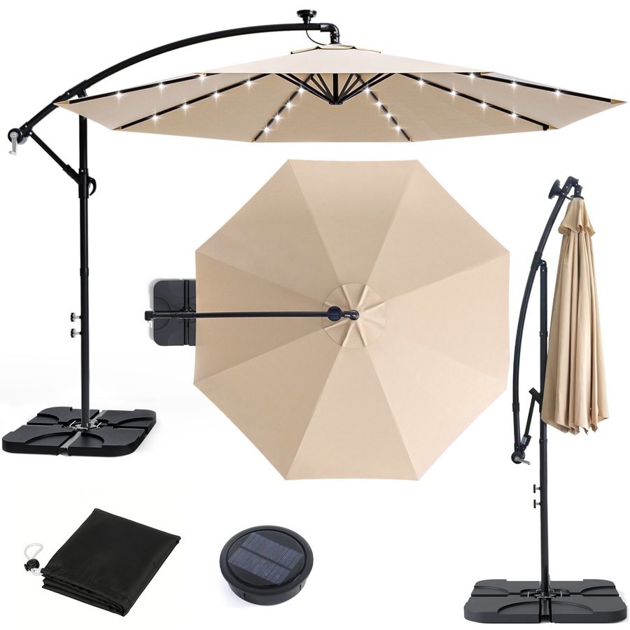 Advwin 3m Offset Hanging Cantilever Umbrella with Solar LED Lights and 4-Piece Cantilever Umbrella Base, Beige