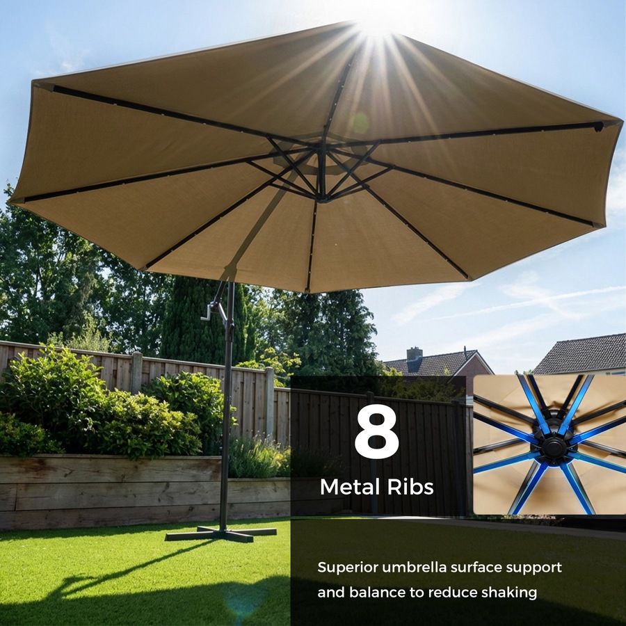 Advwin 3m Offset Hanging Cantilever Umbrella with Solar LED Lights and 4-Piece Cantilever Umbrella Base, Beige