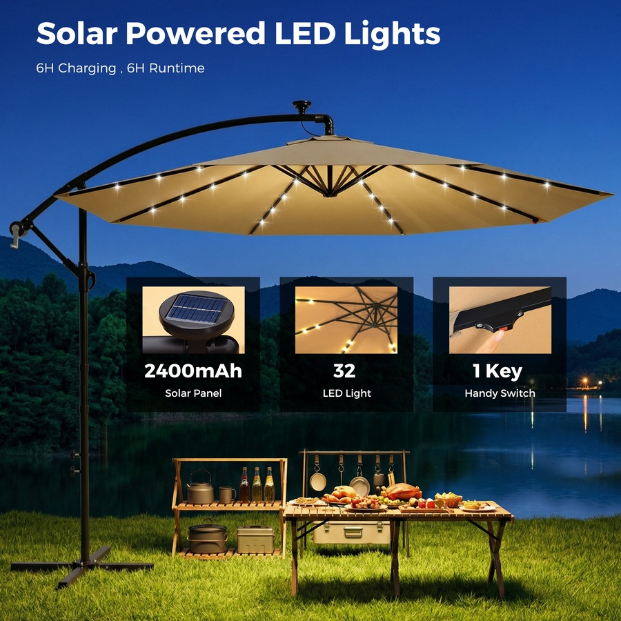 Advwin 3m Offset Hanging Cantilever Umbrella with Solar LED Lights and 4-Piece Cantilever Umbrella Base, Beige