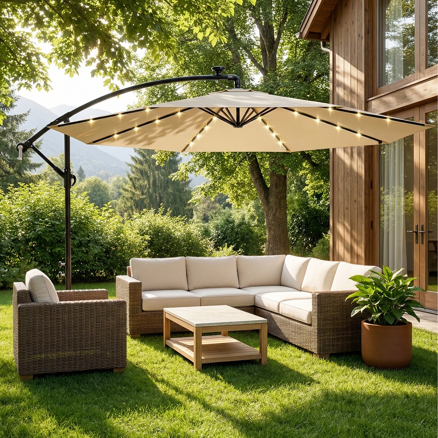 Advwin 3m Offset Hanging Cantilever Umbrella with Solar LED Lights and 4-Piece Cantilever Umbrella Base, Beige