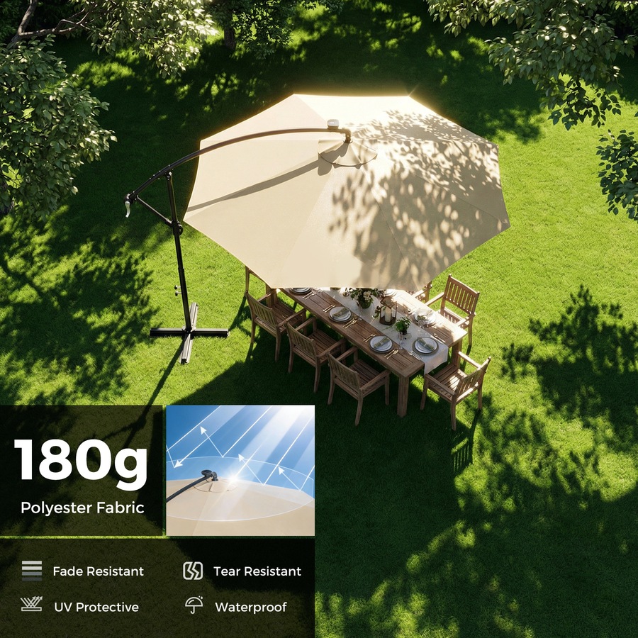 Advwin 3m Offset Hanging Cantilever Umbrella with Solar LED Lights, Beige