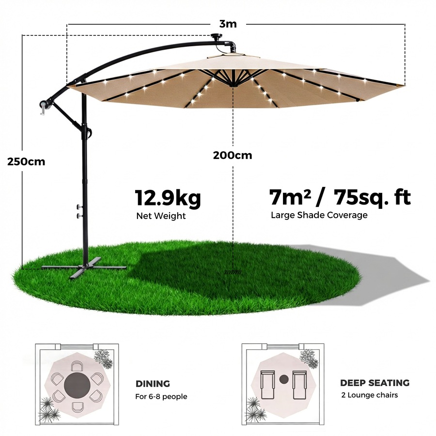 Advwin 3m Offset Hanging Cantilever Umbrella with Solar LED Lights, Beige