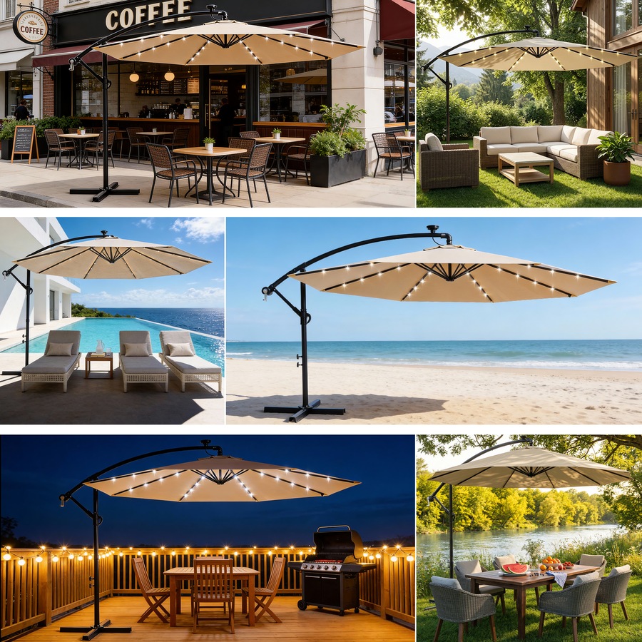 Advwin 3m Offset Hanging Cantilever Umbrella with Solar LED Lights, Beige