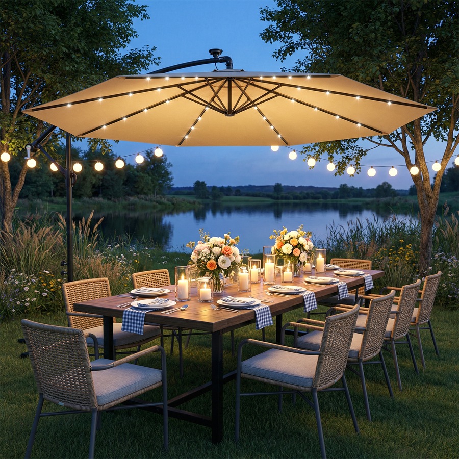 Advwin 3m Offset Hanging Cantilever Umbrella with Solar LED Lights, Beige