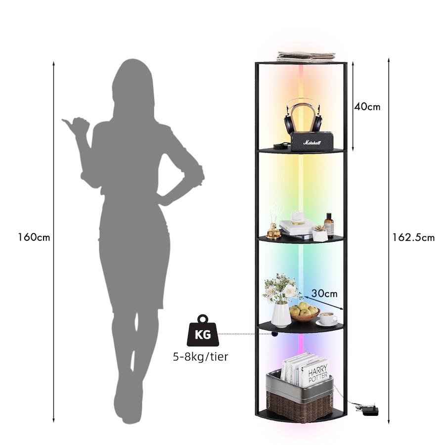 Advwin 5 tier LED Corner Bookshelf 162.5cm Standing Storage Display Shelf Stand Floor Lamps Black