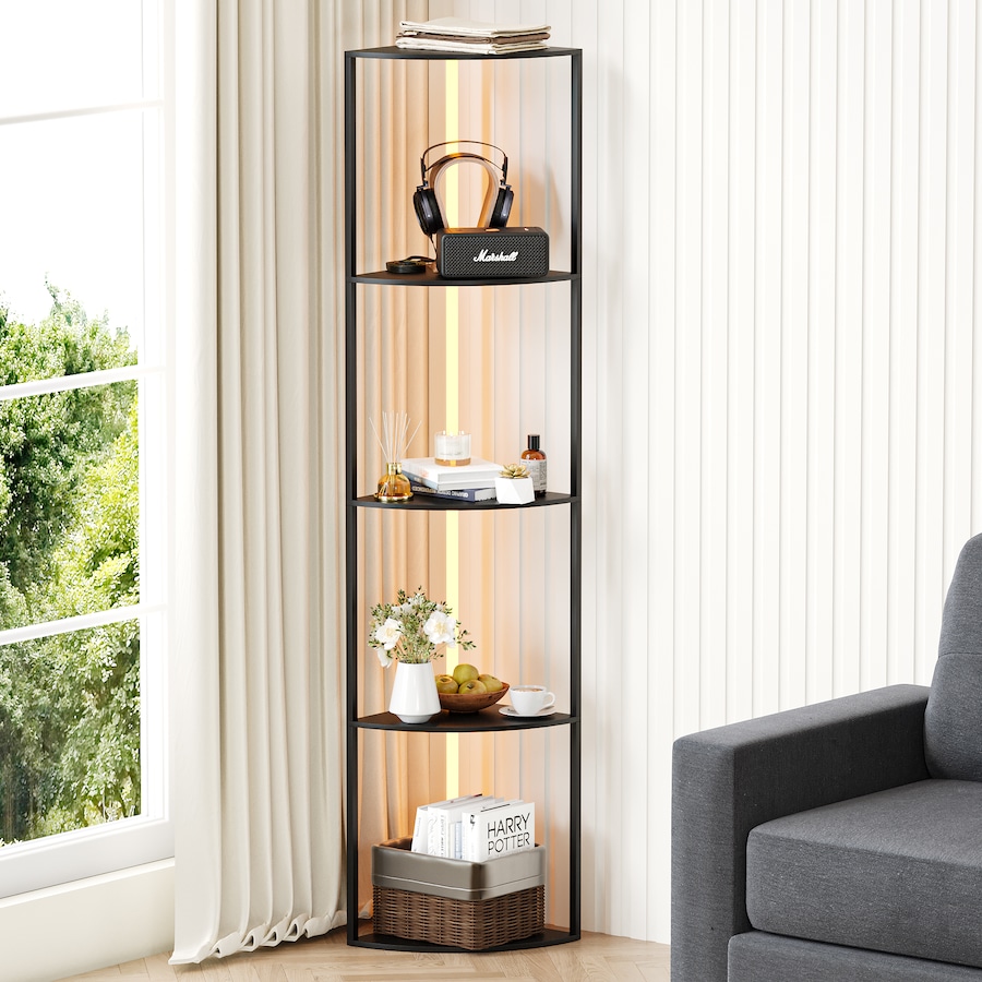 Advwin 5 tier LED Corner Bookshelf 162.5cm Standing Storage Display Shelf Stand Floor Lamps Black