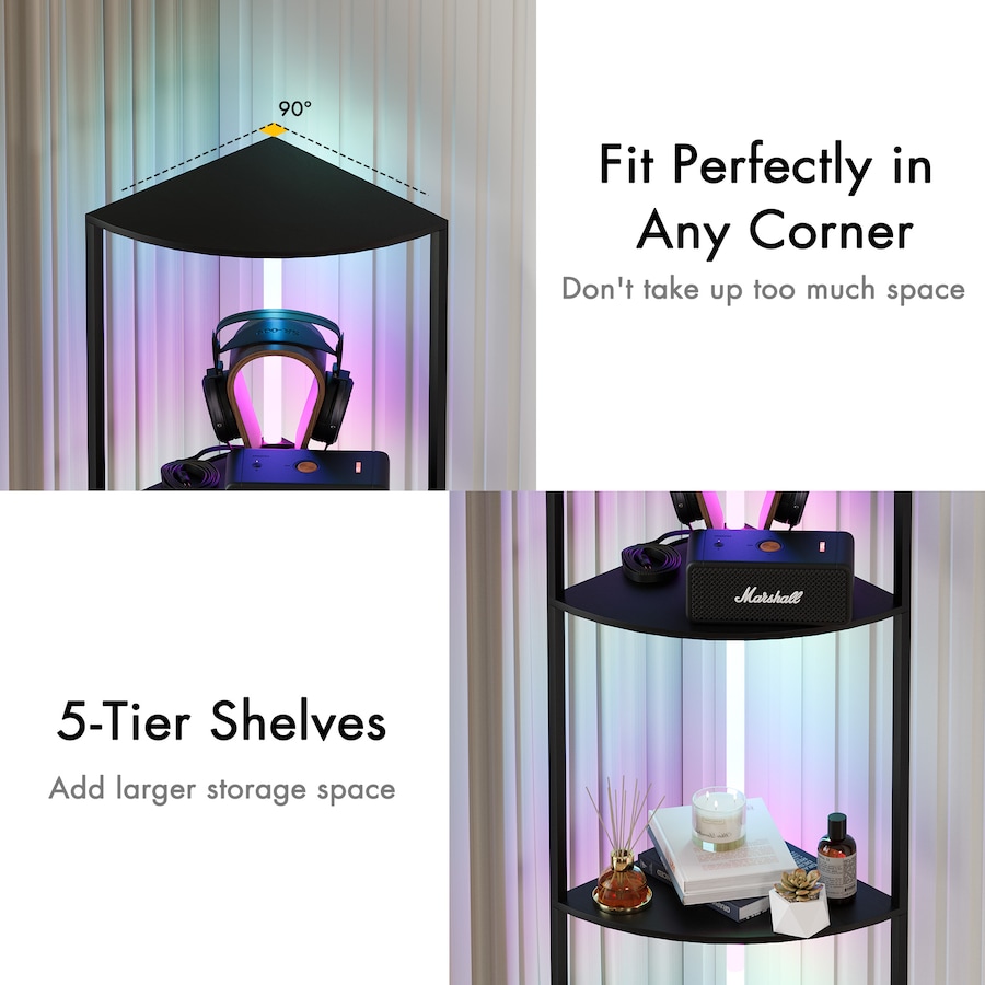 Advwin 5 tier LED Corner Bookshelf 162.5cm Standing Storage Display Shelf Stand Floor Lamps Black