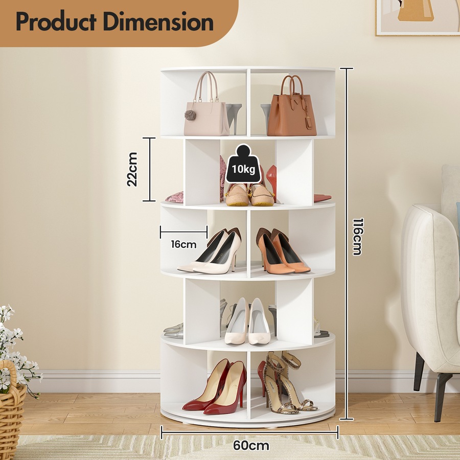 Advwin 5 Tier Rotating Shoe Rack Tower Revolving 360 Shoe Storage Bag Display Stand Handbag Organizer