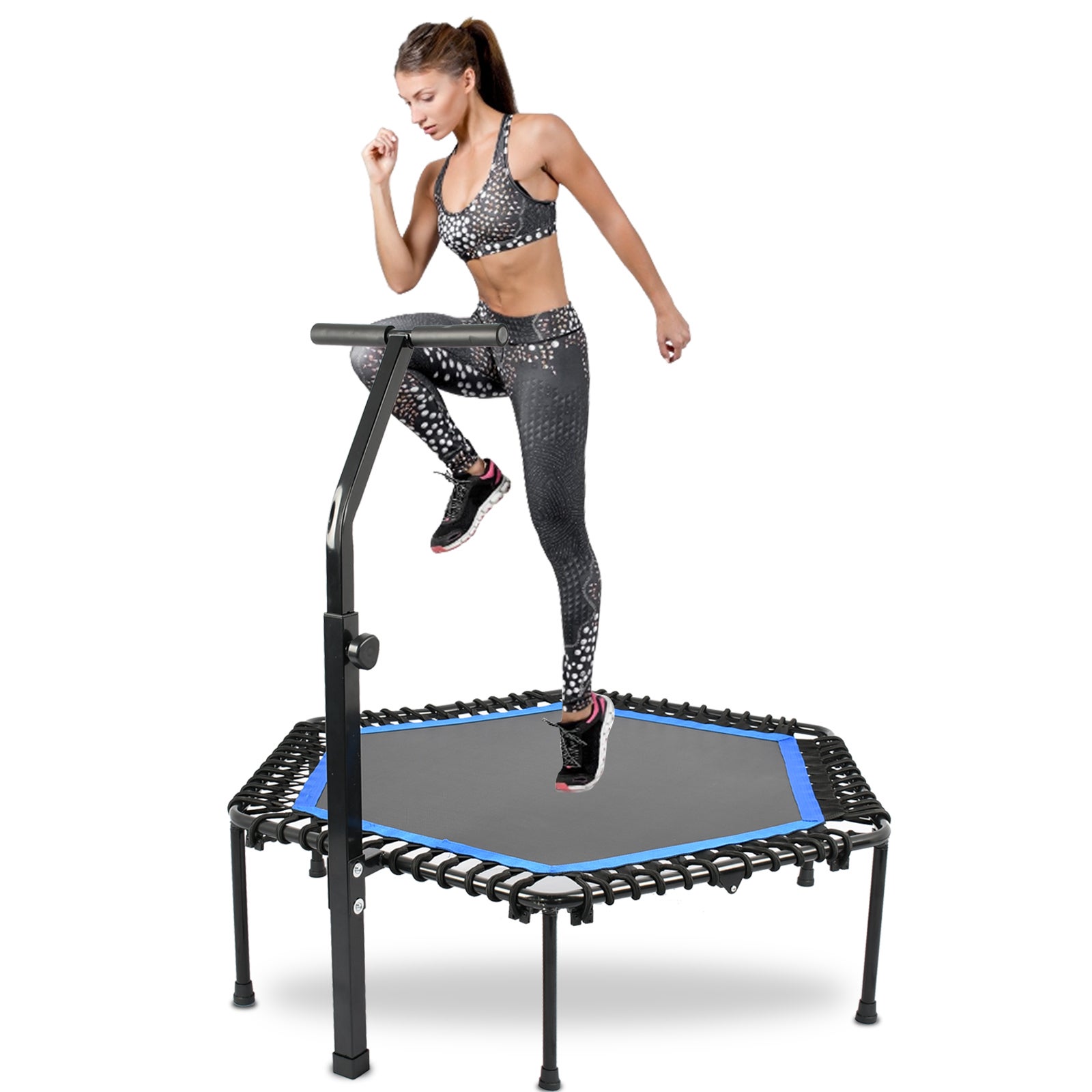 ADVWIN 50-inch Mini Trampoline, Fitness Trampoline with Adjustable Foam Handle for Adults Exercising, No-spring Trampoline Rebounder for Home and Gym Use, Blue & Black