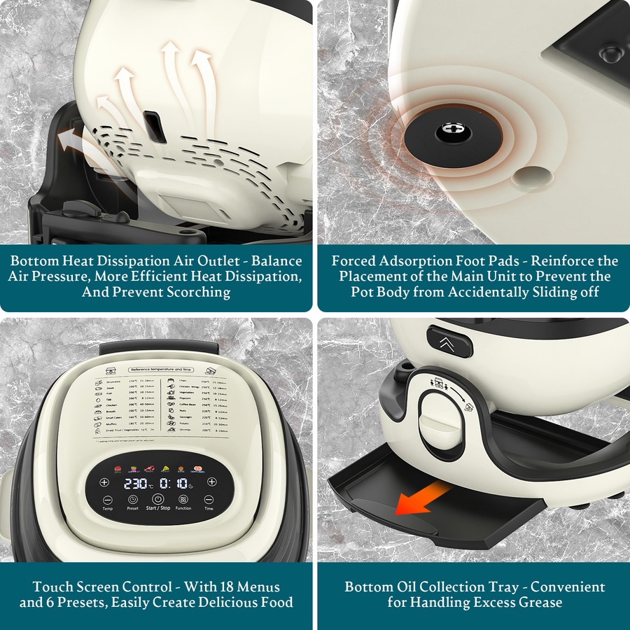 Advwin 6L Multifunctional Cooker, 1700W Digital Air Fryer Food Processor with Rotating Pot & Grill Rack, 6-in-1 Multi Cooker for Frying, Roasting, Baking, Grilling & Dehydrating, Dishwasher Safe