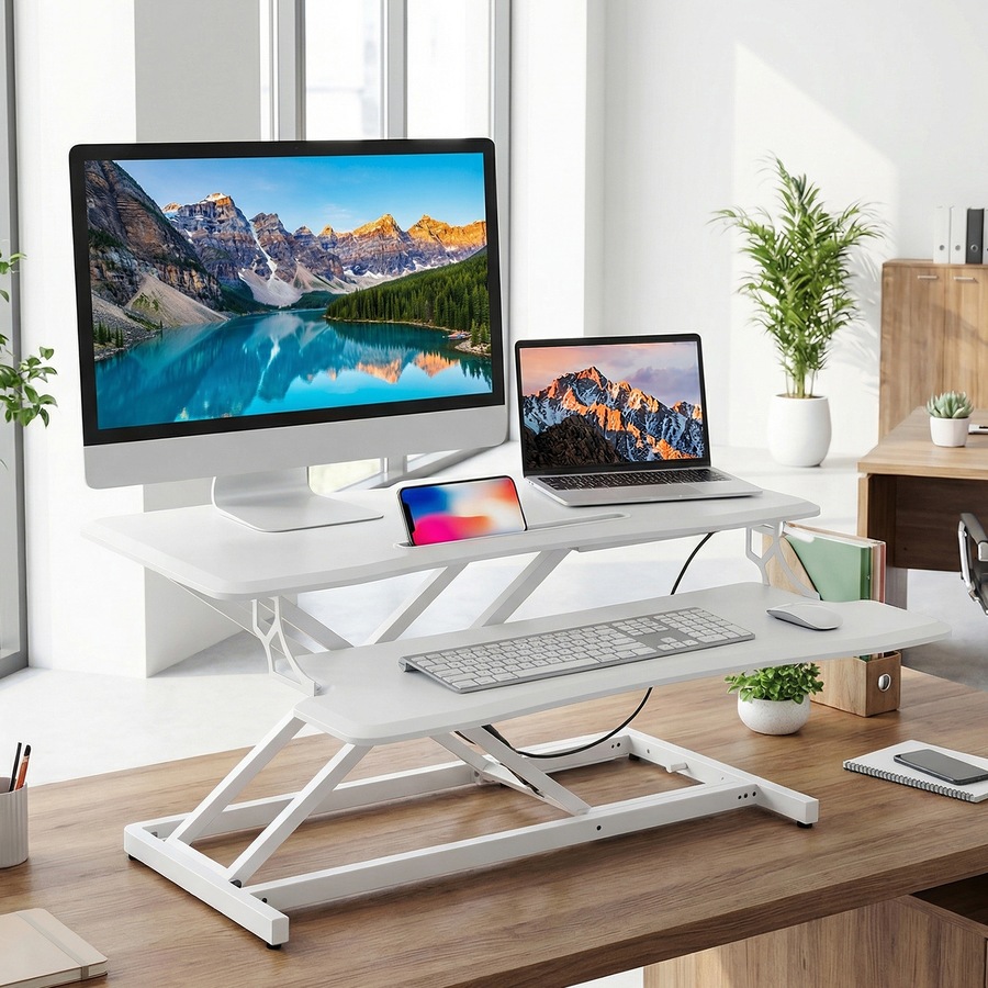 ADVWIN 80cm Standing Desk Converter Height Adjustable, Sit Stand Desk Riser for Dual Monitors, Wide Stand Up Desk Workstation, White