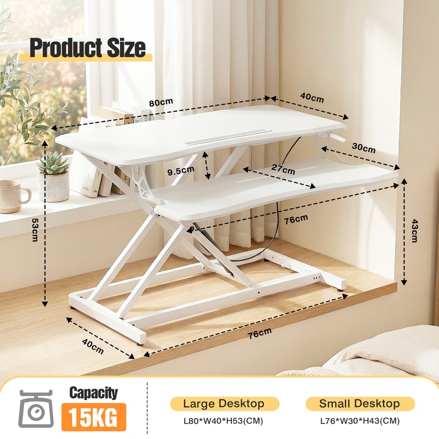 ADVWIN 80cm Standing Desk Converter Height Adjustable, Sit Stand Desk Riser for Dual Monitors, Wide Stand Up Desk Workstation, White