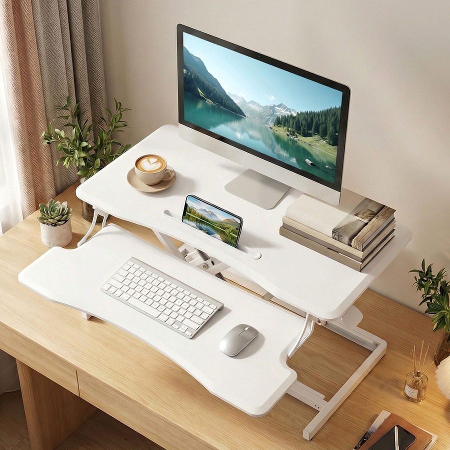 ADVWIN 80cm Standing Desk Converter Height Adjustable, Sit Stand Desk Riser for Dual Monitors, Wide Stand Up Desk Workstation, White