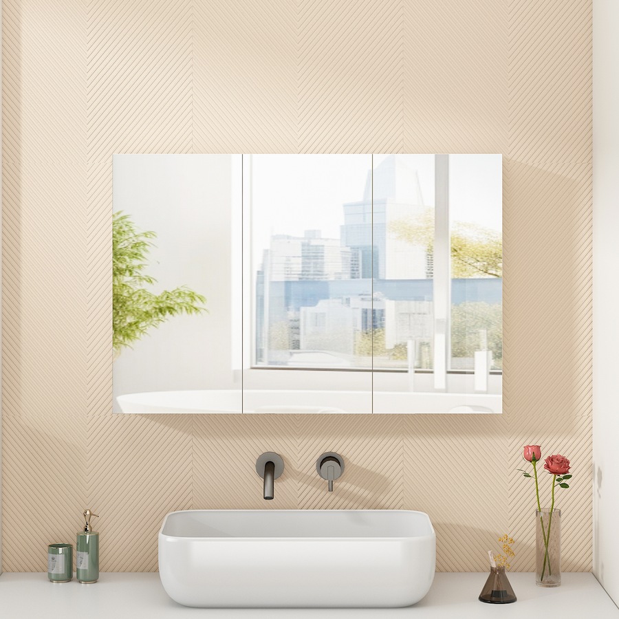 Advwin 900 x 600mm Bathroom Mirror Cabinet 3 Doors Medicine Cabinet Wall Storage White