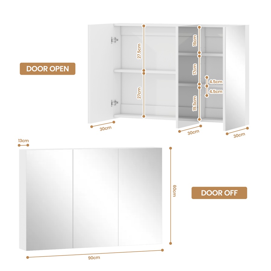 Advwin 900 x 600mm Bathroom Mirror Cabinet 3 Doors Medicine Cabinet Wall Storage White