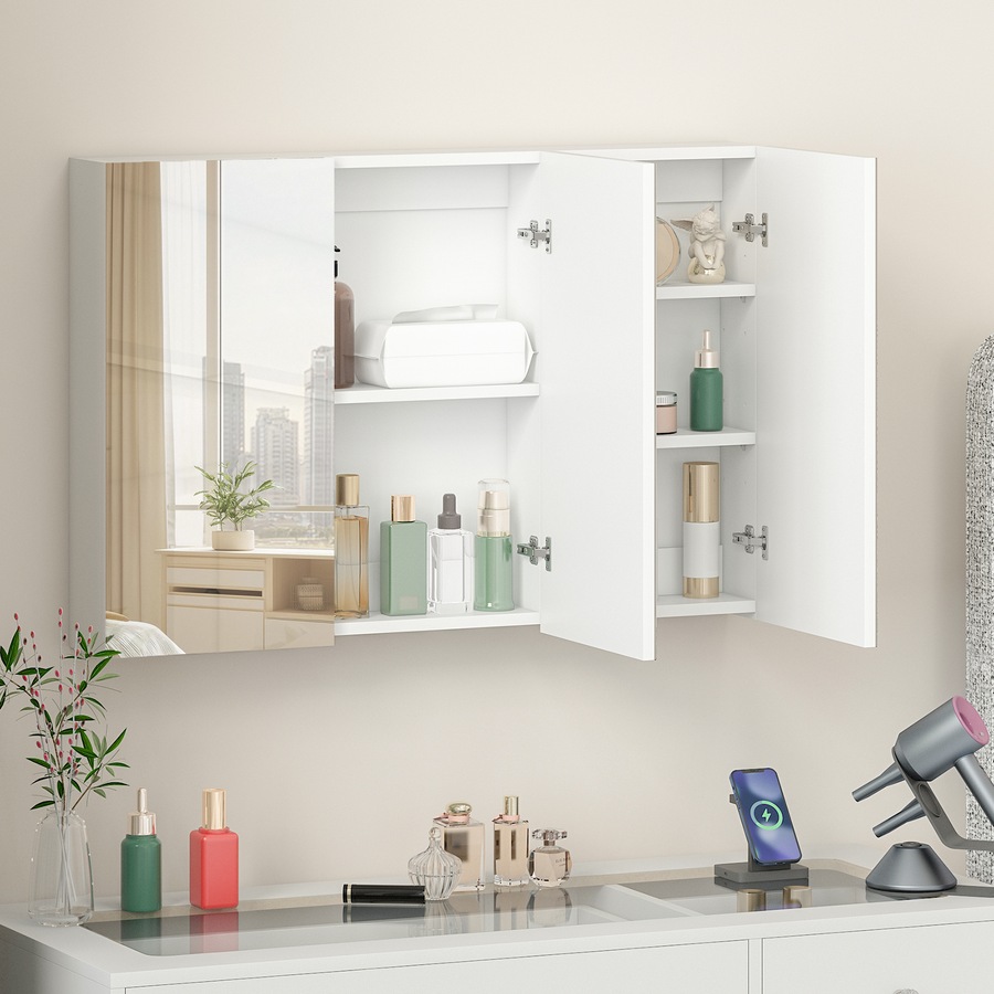 Advwin 900 x 600mm Bathroom Mirror Cabinet 3 Doors Medicine Cabinet Wall Storage White